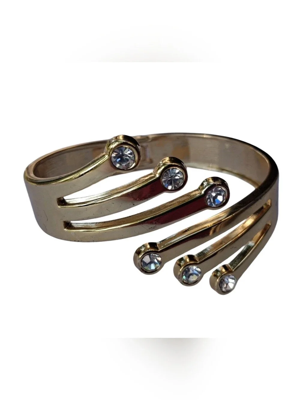 Vintage Gold Tone Rhinestone Bypass Clamper Hinged Cuff Bracelet Statement